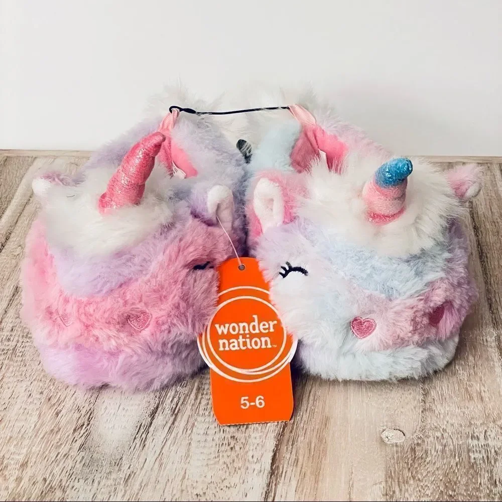 NWT Wonder Nation Pink,Lilac,Blue Toddler Girl Plush Unicorn Slippers Ruber Sole